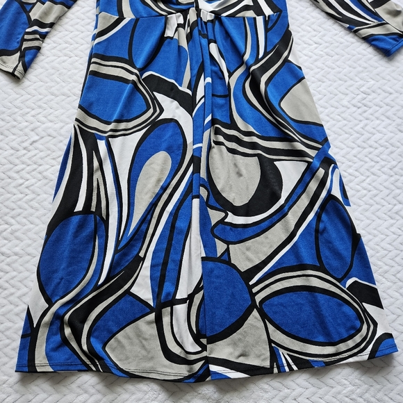 Bisou Bisou Blue Geometric Print Stretchy Dress Size 10 - Picture 4 of 10